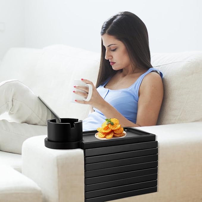 Couch Cup Holder Tray, 3 in 1 Large Couch Arm Trays,Bamboo Chair Clip on Tray with 360° Ratated Phone Holder for Couch,Armrest Tray for Snacks,Remote,Phone