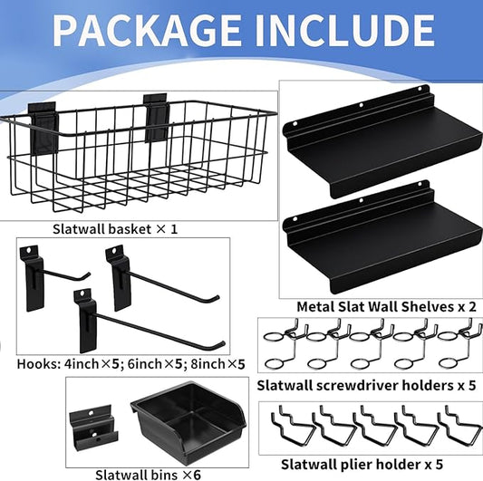 40 Pcs Slatwall Accessories Set - Includes Metal Wire Baskets, Storage Bins, Hooks, Screwdriver Holders and Shelves for Garage and Room Storage