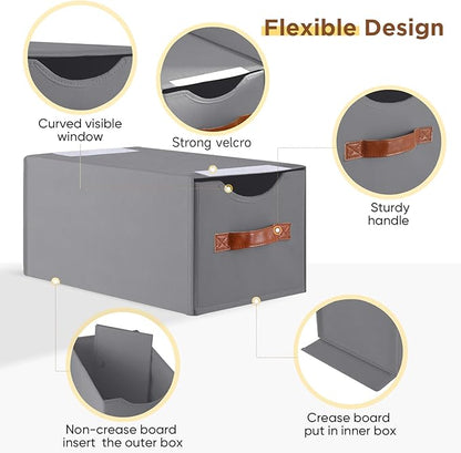 4 Pack Stackable Storage Drawers, Fabric Closet Organizers and Storage with Handles and Clear Window, Pull-Out Clothes Storage Bins with Drawer for Closet, Bedroom, Living Room, Under Bed, Gray