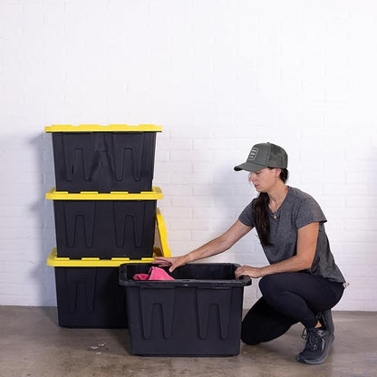 Plastic 23-Gallon Storage Tote with Lockable Lid, Stackable Tough Regular-Duty Bin for Garage, Tools, and Home Organization (2-Pack) - Black and Yellow