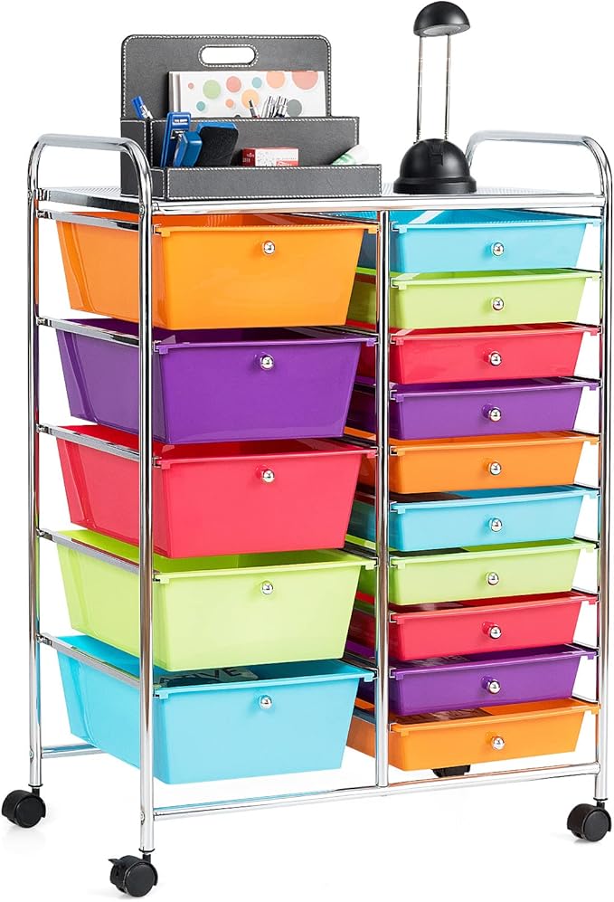 KOTEK 15-Drawer Rolling Storage Cart, Multipurpose Mobile Utility Cart with 4 Wheels, Home Office School Tools Scrapbook Paper Organizer (Multicolor-Combo2)