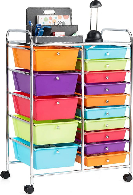 KOTEK 15-Drawer Rolling Storage Cart, Multipurpose Mobile Utility Cart with 4 Wheels, Home Office School Tools Scrapbook Paper Organizer (Multicolor-Combo2)