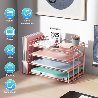 gianotter 4-Tier Paper Organizer With Magazine Holder, Desk Organizers and Accessories, Desk Accessories & Workspace Organizers, File Organizer for Office Supplies Storag (Rose Gold, 4-Tier)
