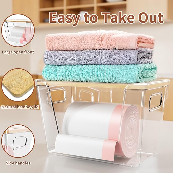 1 Set Stackable Storage with Bamboo Top for Laundry Room Organization, Extra Large Trash Bag/Garbage Bag Dispenser, Under Sink Organizer, Pantry Organizers
