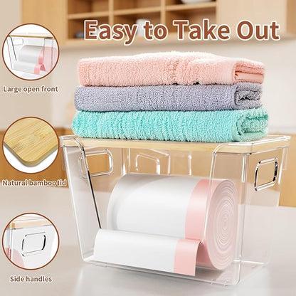1 Set Stackable Storage with Bamboo Top for Laundry Room Organization, Extra Large Trash Bag/Garbage Bag Dispenser, Under Sink Organizer, Pantry Organizers