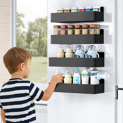 Magnetic Spice Rack for Refrigerator, Kitchen Organizer and Storage Shelf, Black (4 Pack)…