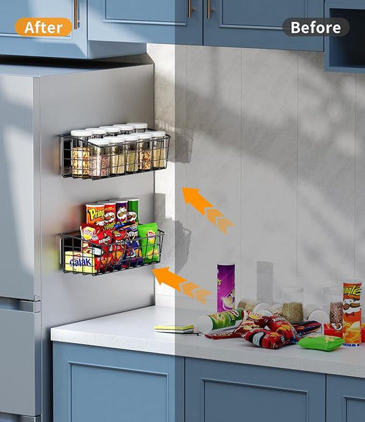 Magnetic Shelf for Refrigerator 1-Pack, Strong Magnetic Spice Rack with Removable Hook for Kitchen Storage, Fruit Potato Onion Storage Shelves, Large Magnetic Basket Organizer for Fridge Oven Laundry