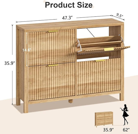 YOMILUVE Shoe Cabinet Storage for Entryway, Fluted Shoe Cabinet with 4 Flip Drawers, Hidden Shoe Rack Freestanding Wooden Shoe Organizer with Legs for Hallway, Oak