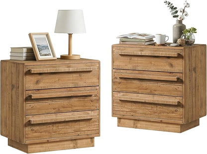 HOKYHOKY Set of 2 Reclaimed Solid Wood Nightstand-24 Inches Large End Table with 3 Drawers, Pre-Assembled Farmhouse Bedside Tables for Living Room, Bedroom