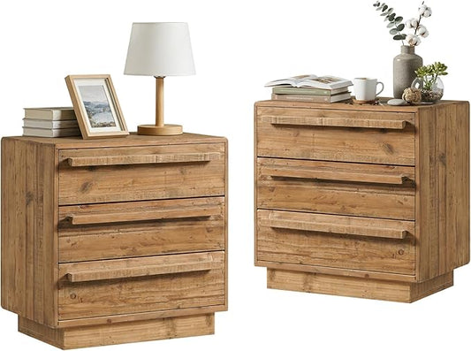 HOKYHOKY Set of 2 Reclaimed Solid Wood Nightstand-24 Inches Large End Table with 3 Drawers, Pre-Assembled Farmhouse Bedside Tables for Living Room, Bedroom
