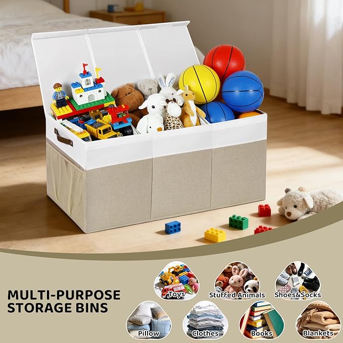Extra Large Toy Chest,Foldable Storage Box, Large Storage Bins With Lids, Suitable for living rooms, studies, bedrooms(40"X18"X14",White & Beige)