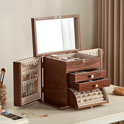 Homruilink Black Walnut Wooden Jewelry Box, Wood Jewelry Organizer with 2 Side Doors Mirror Lockable Classical for Watch Necklace Ring Earring Storage Christmas Gifts-4 Layer with Curved Ring Grooves