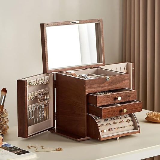 Homruilink Black Walnut Wooden Jewelry Box, Wood Jewelry Organizer with 2 Side Doors Mirror Lockable Classical for Watch Necklace Ring Earring Storage Christmas Gifts-4 Layer with Curved Ring Grooves