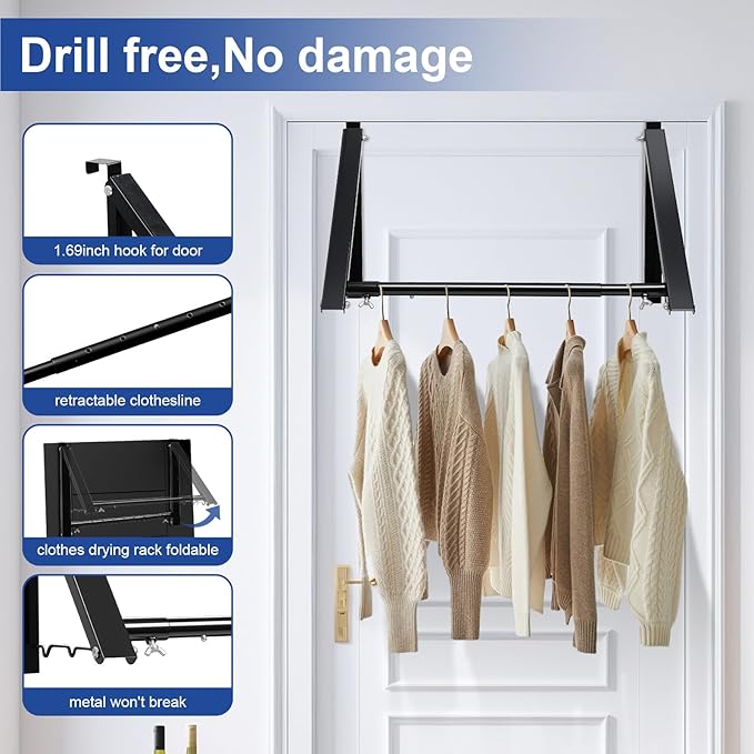 Over The Door Clothes Hanger,1.69 Inch Door Hook For Over The Door Drying Rack,Foldable Retractable Overdoor Hanger Hook For Bathroom,Laundry Room,Apartament And Bedroom