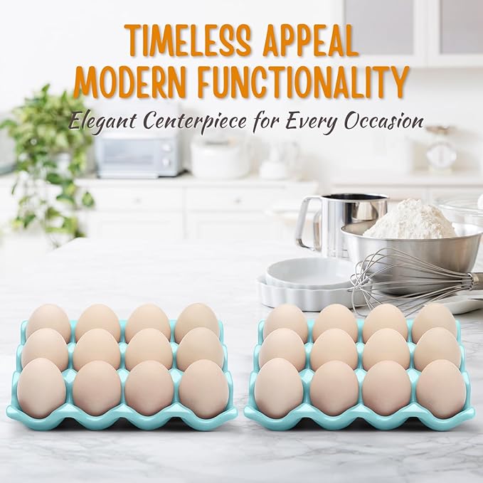 Flexzion 12 Cups Ceramic Egg Holder for Fridge - Dozen Ceramic Egg Tray Porcelain Container Storage Organizer Decorative Serving Stand Serveware for Refrigerator Countertop Display (Blue, 2 Pack)