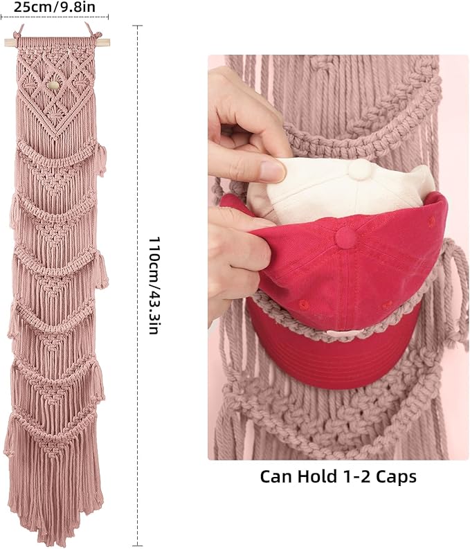 KaloKalo Macrame Cap Holder Boho Hat Hangers Over Door Decorative Bohemian Handmade Ball Cap Rack Organizer Woven Wall Hanging for Baseball Cap Display Decorations (Rose Pink, Up to 12 Caps)