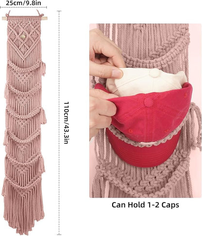 KaloKalo Macrame Cap Holder Boho Hat Hangers Over Door Decorative Bohemian Handmade Ball Cap Rack Organizer Woven Wall Hanging for Baseball Cap Display Decorations (Rose Pink, Up to 12 Caps)