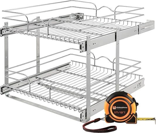 Rev-A-Shelf 2 Tier Pull Out Under Sink Organizer, 21 x 22 Inch, Steel Wire Pots and Pans Organizer, Tape Measure Included