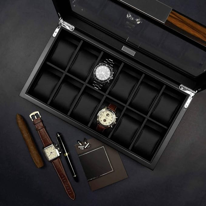Lifomenz Co 12 Watch Box for Men Watch Display Case Wood Luxury Watch Box with Large Glass Window,Watch Organizer Box with Ultra Smooth PU Leather Interior