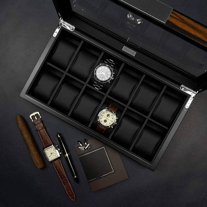 Lifomenz Co 12 Watch Box for Men Watch Display Case Wood Luxury Watch Box with Large Glass Window,Watch Organizer Box with Ultra Smooth PU Leather Interior