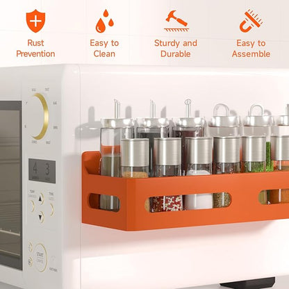 4 Pack Strong Magnetic Spice Rack for Refrigerator, Multipurpose Magnetic Shelf for Fridge with 4 Hooks for kitchen and Bathroom Organization, Orange