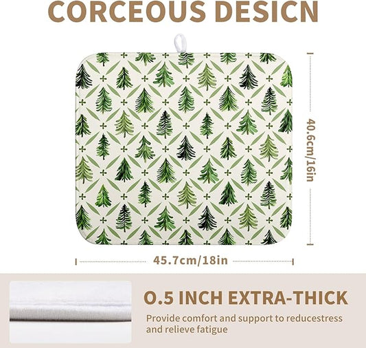 Wnoesat Christmas Dish Drying Mat for Kitchen Counter 16x18 Inch Sage Green Xmas Tree Drying Mats Winter Holiday Dish Drainer Pad Microfiber Absorbent Dish Draining Mat for Coffee Bar