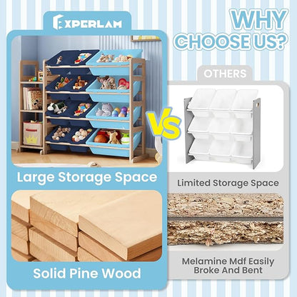 Toy Storage Organizer - Toy Organizers and Storage with Bookshelf, Toy Storage Shelf with 3 Shelves and 12 Storage Bins, Kids Bookshelf and Toy Storage for Kids Room, Playroom, Bedroom, Nursery, Blue