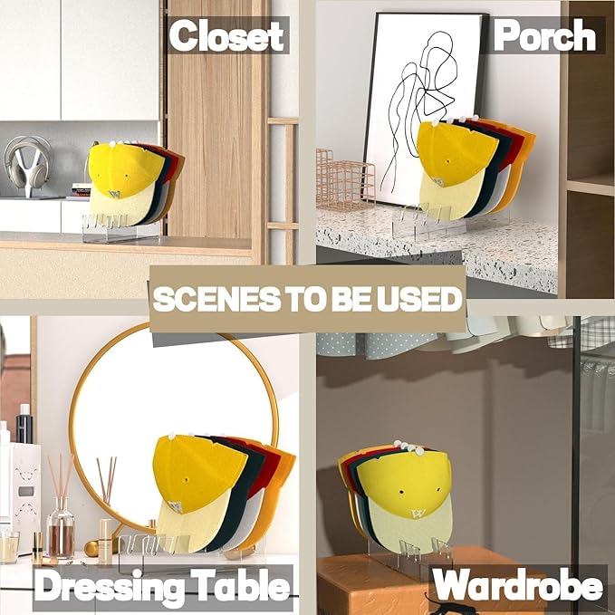 2024 New Hat Stand for Baseball Caps Display and Organizer , No Install Acrylic Hat Holder for 14 Baseball Caps for Bedroom, Closet, Dresser (2PCS)