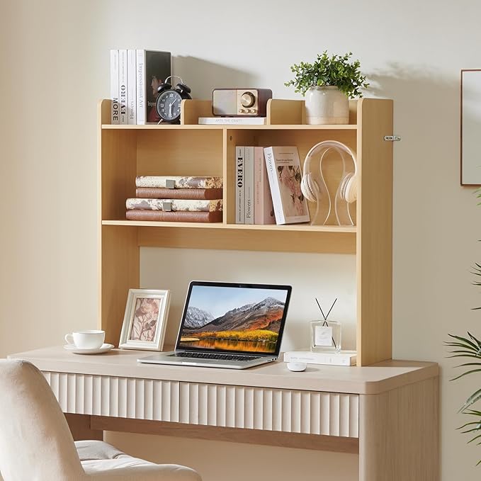 Desktop Bookshelf, Wooden Desk Storage Hutch with 5 Shelves, 3-Tier Desktop Display Organizer Rack for Office Home (Natural, 5 Shelves B)