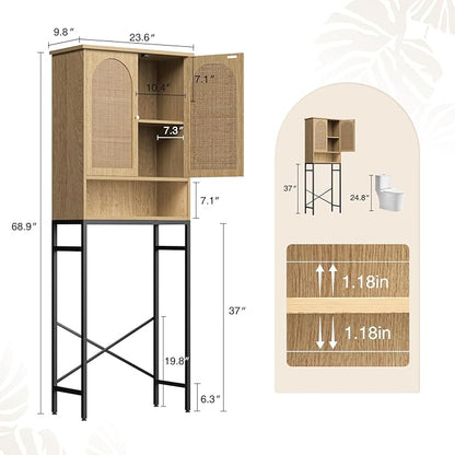FiveWillowise Rattan Toilet Storage Cabinet, Over The Rack Wood Cabinet with Metal Stand, Bathroom Organizer with Adjustable Shelf, Tall Freestanding Washer Shelf, Small Cupboard, Natural