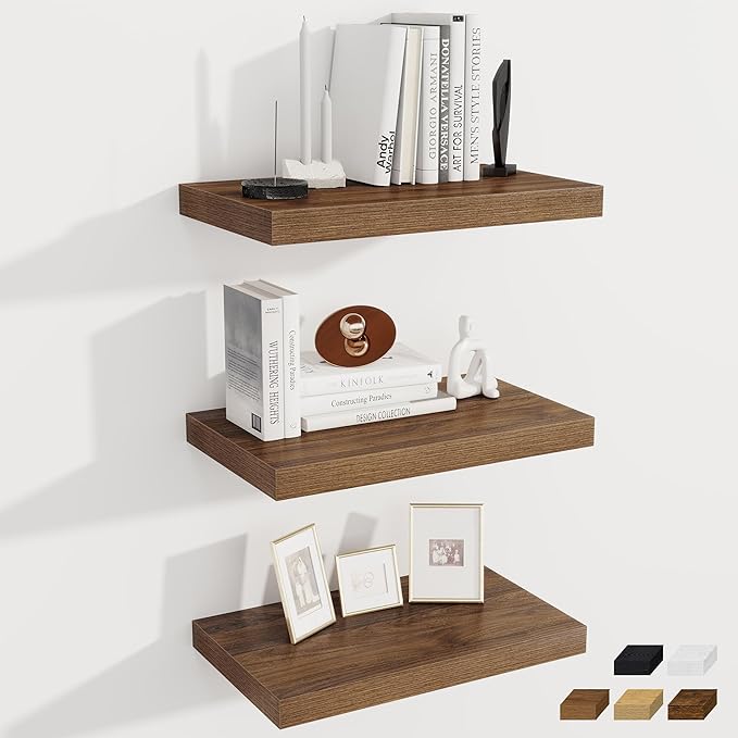 Fun Memories 12 Inch Deep Floating Shelves for Wall, 20 Inch Long Wall Mounted Storage Shelf with Invisible Brackets, 3 Pack Hanging Wood Shelf for Farmhouse, Bedroom, Kitchen, Living Room, Walnut
