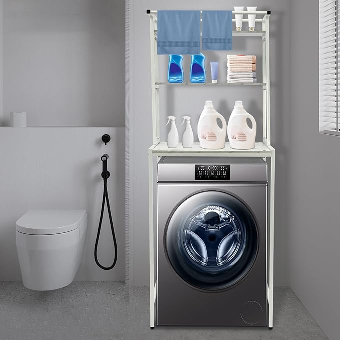 Over The Washer and Dryer Storage Shelf, 3-Tier Bathroom Room Shelf Storage Utility Rack Over The Toilet Washer Dryer Heavy Duty Laundry Room Organizer Bathroom Space Saving Organizer (White+Marble)