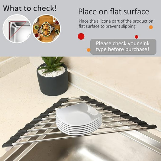 Roll Up Dish Drying Rack and Triangle Dish Drying Rack for Sink,over the Sink Dish Drying Rack , Kitchen Corner Dishes Drainer Mat, Foldable Stainless Steel Corner Sink Rack for Kitchen (Triangle)