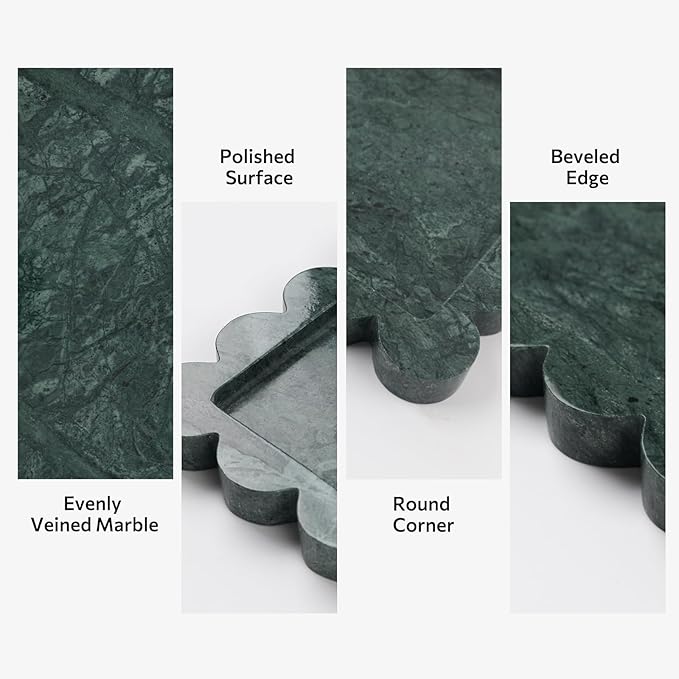 Faticdorr Natural Marble Scalloped Tray 10.8" x 8", Marble Vanity Tray for Jewelry Trinket Cosmetics Perfume Candle, Luxury Decorative Trays for Bathroom Kitchen Dresser Countertop, Green