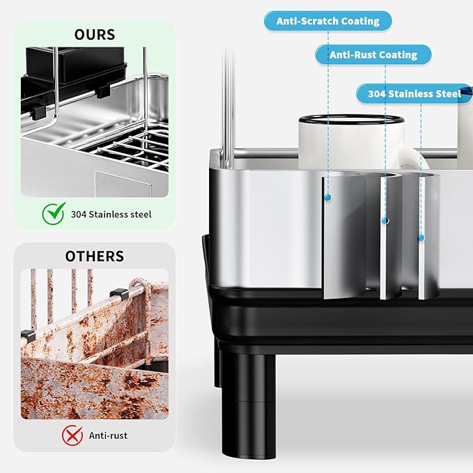 Ewaiira Dish Drying Rack, 2 Tier Large Dish Rack, Stainless Steel Dish Drainer for Kitchen Counter, Dishes Rack with Automatic Drainage, Utensil Holder,Cups Holder,Space Saving Kitchen Organizer,Black