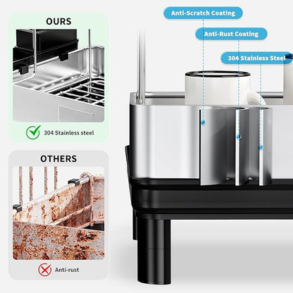Ewaiira Dish Drying Rack, 2 Tier Large Dish Rack, Stainless Steel Dish Drainer for Kitchen Counter, Dishes Rack with Automatic Drainage, Utensil Holder,Cups Holder,Space Saving Kitchen Organizer,Black