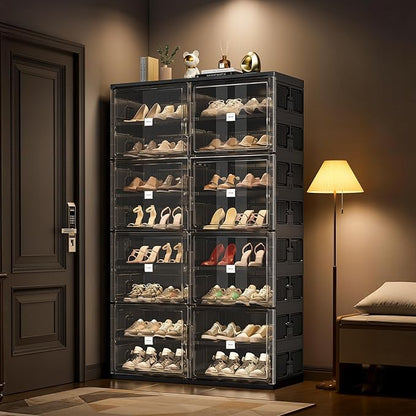 JEKO&JEKO 8-Tier Foldable Shoe Storage Cabinet with Magnetic Doors, Large Stackable Shoe Organizer Cabinet for Closet & Entryway, Clear Front Door Shoe Boxes Hold Up to 32 Pairs (Black)