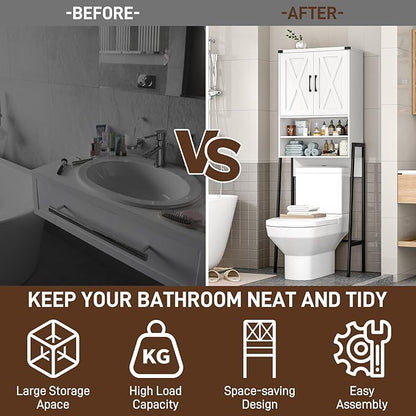 Vabches Over The Toilet Storage Cabinet, Farmhouse Over Toilet Storage Cabinet, Metal Frame with 2 Barn Doors, Home Space-Saving Toilet Rack for Bathroom, Toilet, Laundry Room