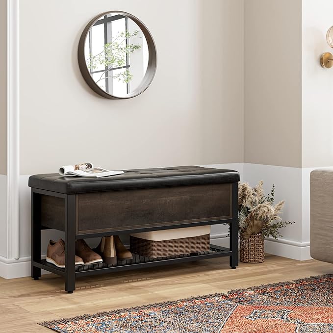 HOSTACK Storage Bench, Entryway Shoe Bench with Flip-Open Storage Box, End of Bed Ottoman Bench with Storage Shelf and Padded Seat for Bedroom, Hallway, Dark Brown