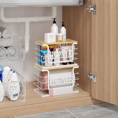 Trash Bag Holder, Thipoten Trash Bags Dispenser with Bamboo Top, Suitable for Garbage Bags Purchased Online or Supermarket, Perfect Storage Organizers for Cabinet, Under Sink (White, Large)
