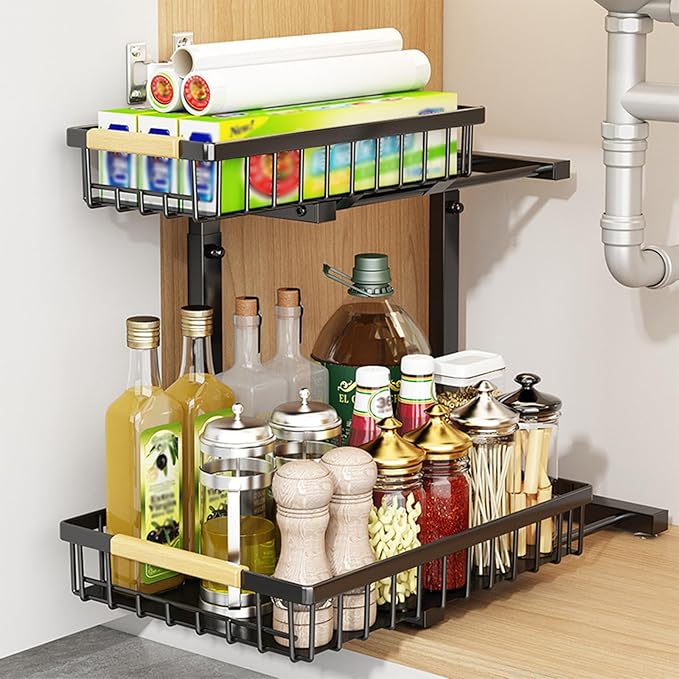 2 Pack 2 Tiers Pull Out Under Sink Organizers, Metal Kitchen Storage Shelf, Pull Out Under Sink Storage Rack, Multi-purpose Under Sink Shelf Organizer for Under Sink Cabinet Bathroom Kitchen (Black)
