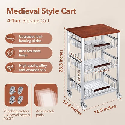 4-Tier Slim Rolling Fruit & Vegetable Storage Cart with Removable Baskets, Narrow Metal Kitchen Organizer Cart on Wheels, Fruit Basket Stand & Fruteros para Cocina, Pantry Cart for Storage