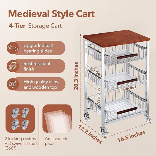 4-Tier Slim Rolling Fruit & Vegetable Storage Cart with Removable Baskets, Narrow Metal Kitchen Organizer Cart on Wheels, Fruit Basket Stand & Fruteros para Cocina, Pantry Cart for Storage