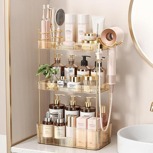 Weidace Bathroom Counter Organizer for Vanity, Makeup Organizer Countertop with Holder, Large Capacity Storage Rack, Perfect Large Skincare, Hair Care, Perfume, Easy to Install (Gold, 3Tiers)