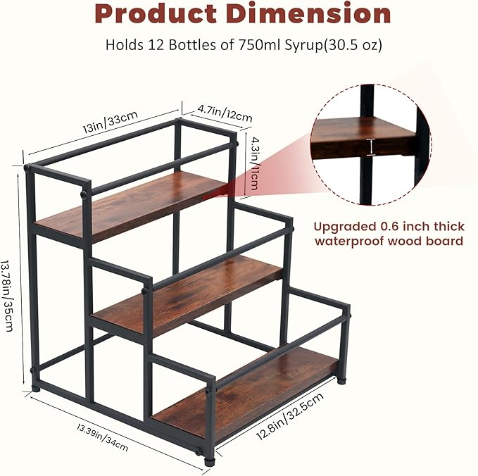 Coffee Syrup Rack Organizer - Metal Bottle Holder for 12 Bottles – Rustic Countertop Display Shelf for Coffee Bar, Kitchen Cabinet, Pantry Storage for Syrups, Liquor, Spice, Tea & Wine (3-Tier)