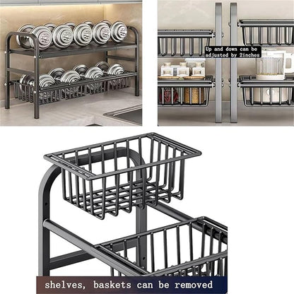 Under Sink Organizers, 2 Tier Stretchable Cabinet Shelf Organizer with 4 Removable Panels and 4 Under Shelf Basket for Under Bathroom Storage,Under Cabinet Shelves,kitchen Sink Storage Rack (black)