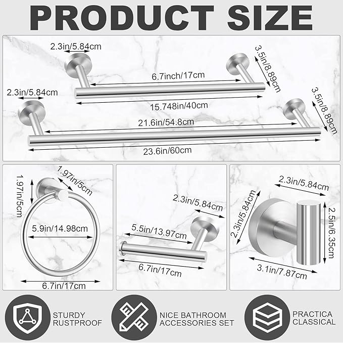 Gisafai 25 Pcs Bathroom Hardware Set, 23.6 Inch Brushed Towel Bar Ring Toilet Paper Holder Robe Towel Hook, Sus304 Stainless Steel Bathroom Accessory Set Wall Mounted (Silver)