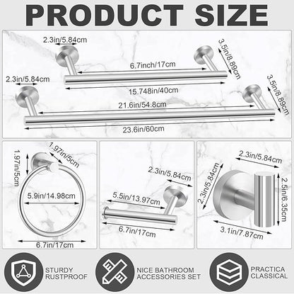 Gisafai 25 Pcs Bathroom Hardware Set, 23.6 Inch Brushed Towel Bar Ring Toilet Paper Holder Robe Towel Hook, Sus304 Stainless Steel Bathroom Accessory Set Wall Mounted (Silver)