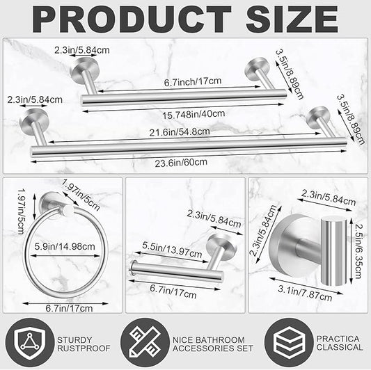 Gisafai 25 Pcs Bathroom Hardware Set, 23.6 Inch Brushed Towel Bar Ring Toilet Paper Holder Robe Towel Hook, Sus304 Stainless Steel Bathroom Accessory Set Wall Mounted (Silver)