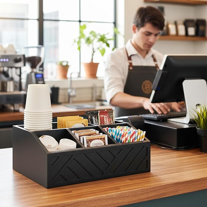 Black Coffee Station Organizer for Counter, Wood Coffee Pods Holder Storage Basket with 5 Compartments, Coffe and Tea Condiment Basket Storage Organizer, Farmhouse Bar Accessories Decor